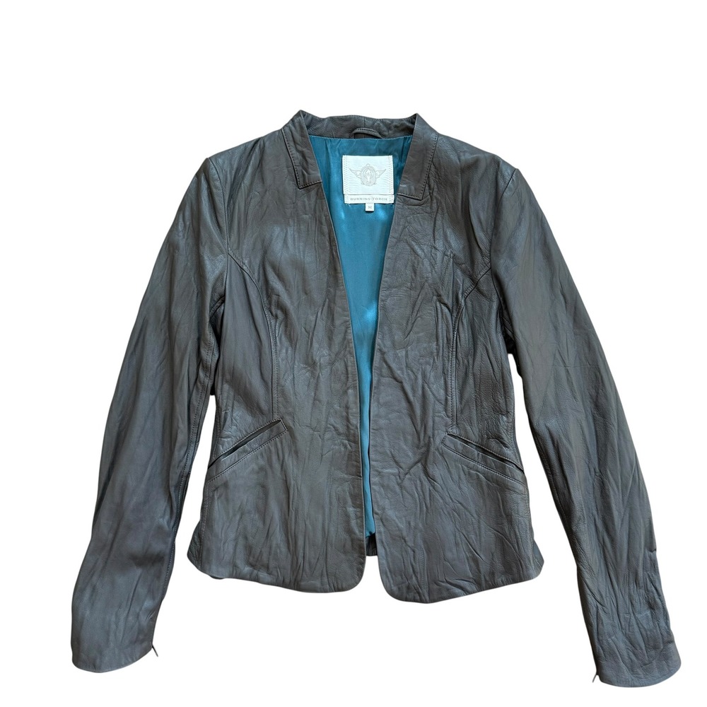 Burning Torch Gray Green Crinkle Leather Blazer Jacket Teal Lining Open Front M